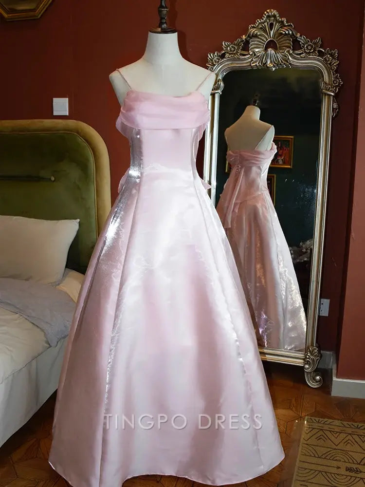 TingPo Wholesale Elegant Pink Vintage Fairycore Shimmering Satin Spaghetti Straps Gown Princess Dress